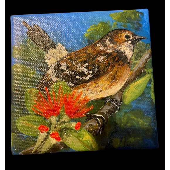 Original Bird Painting By L Peterson 4x4 Canvas Nature Scene With Red Flowers & - Picture 2 of 13